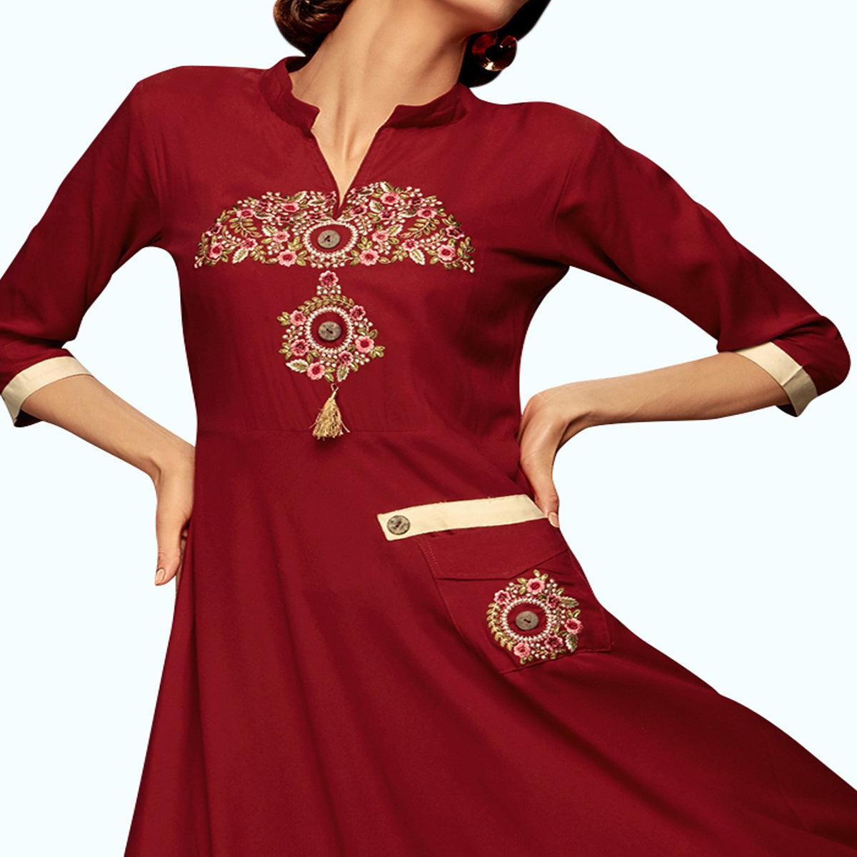 Red Floral Embroidered Rayon Long Kurti - Peachmode
