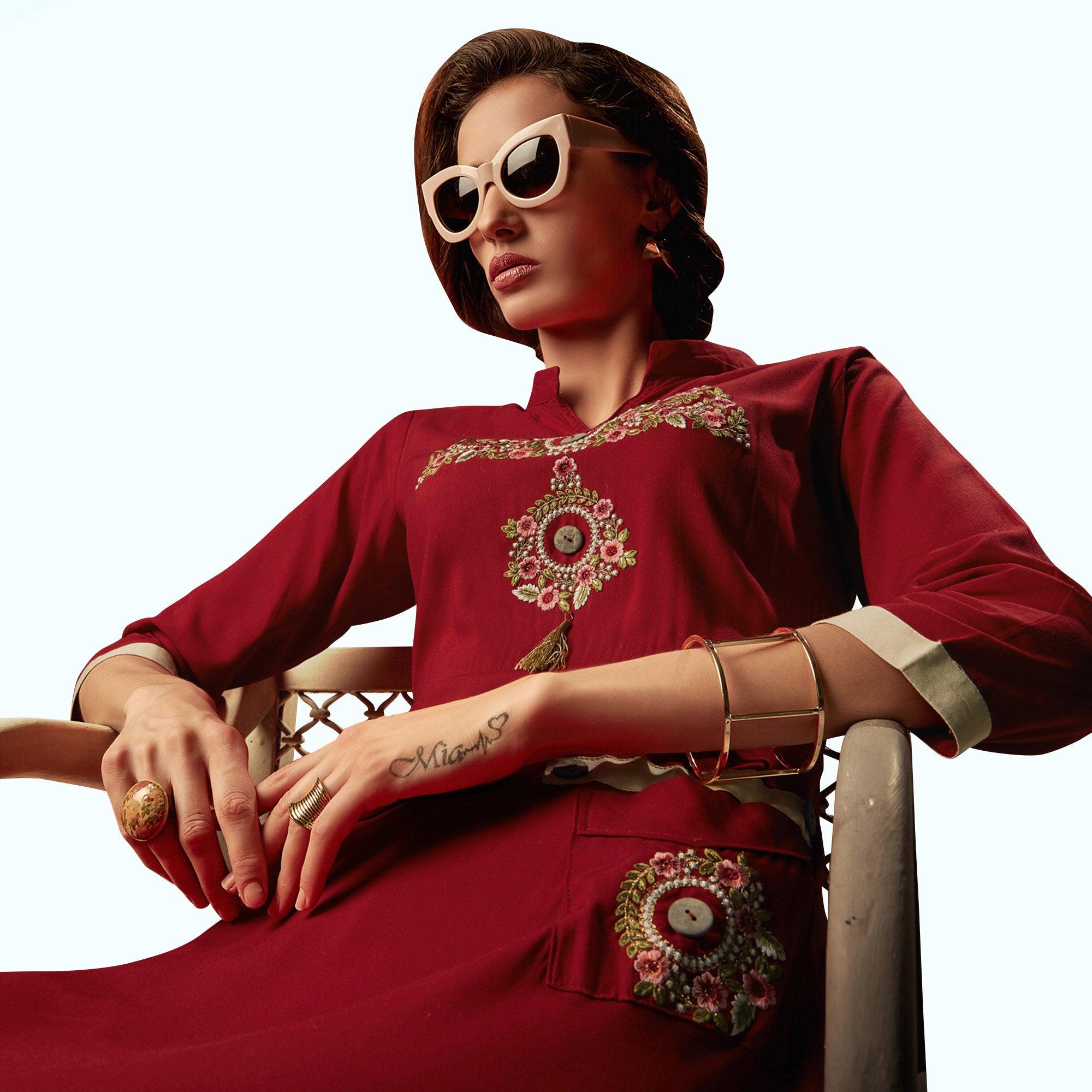 Red Floral Embroidered Rayon Long Kurti - Peachmode