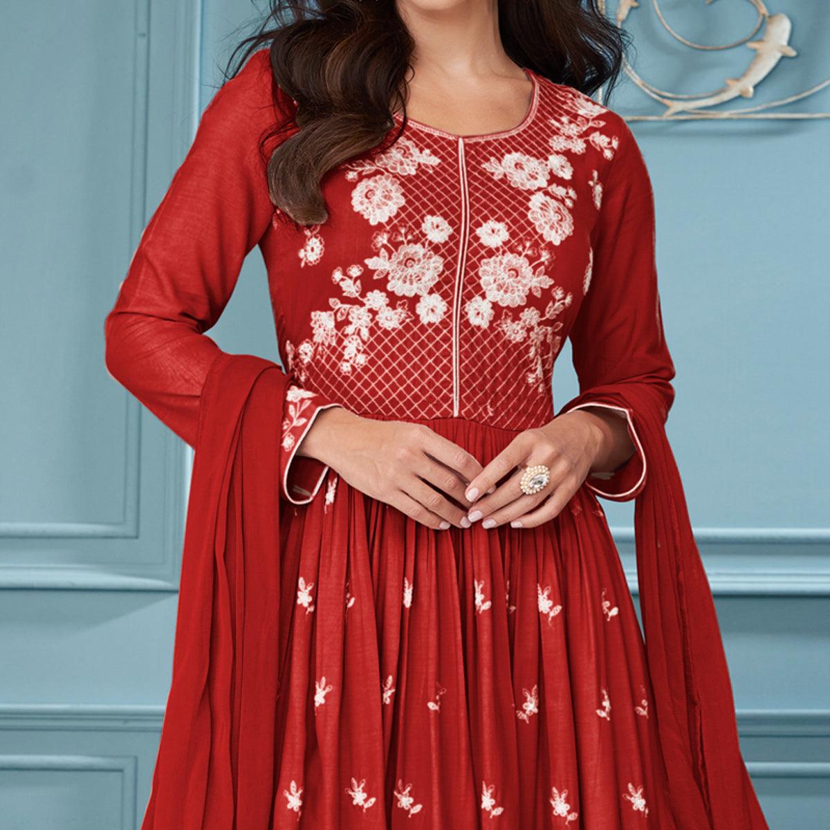 Red Floral Embroidered Rayon Palazzo Suit - Peachmode