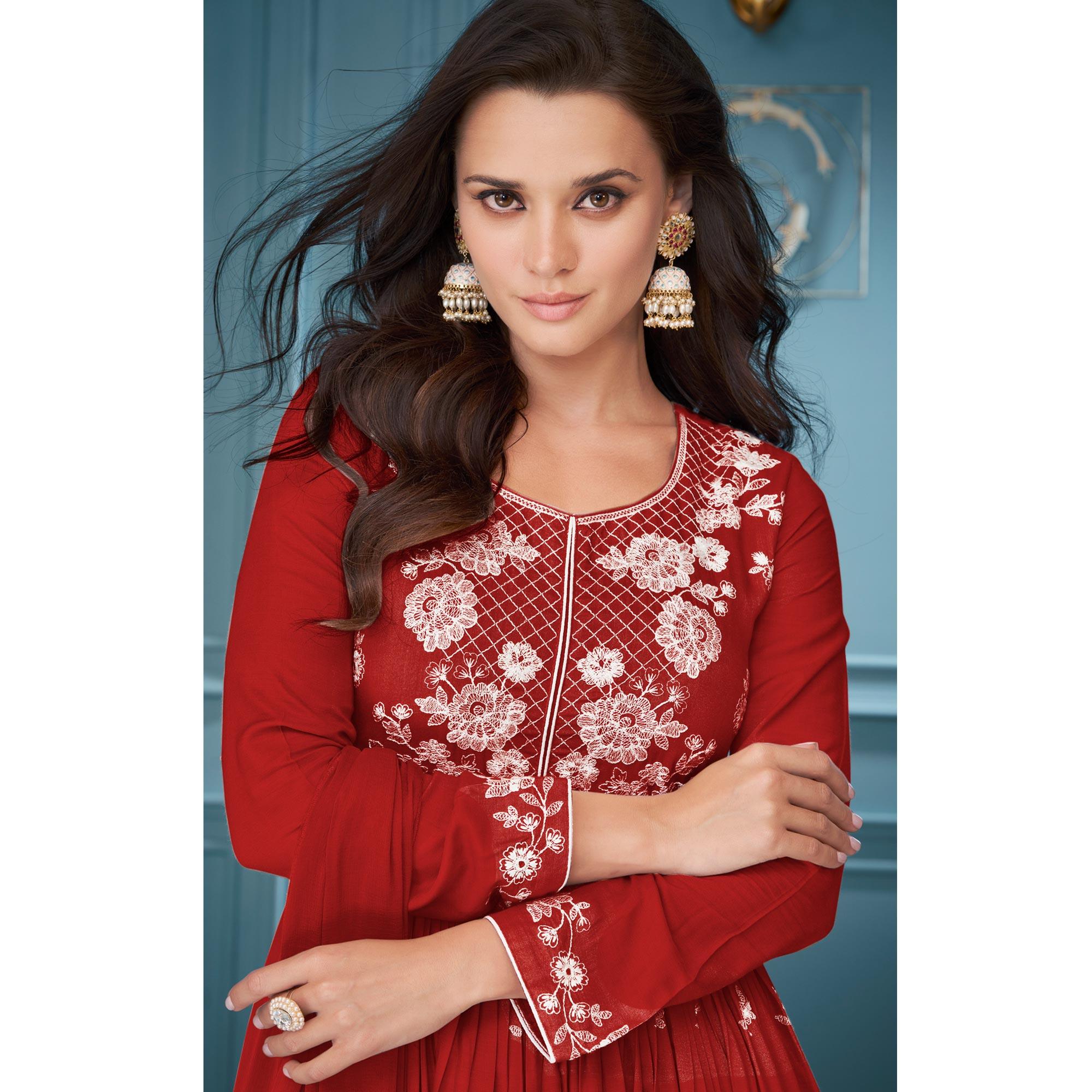 Red Floral Embroidered Rayon Palazzo Suit - Peachmode