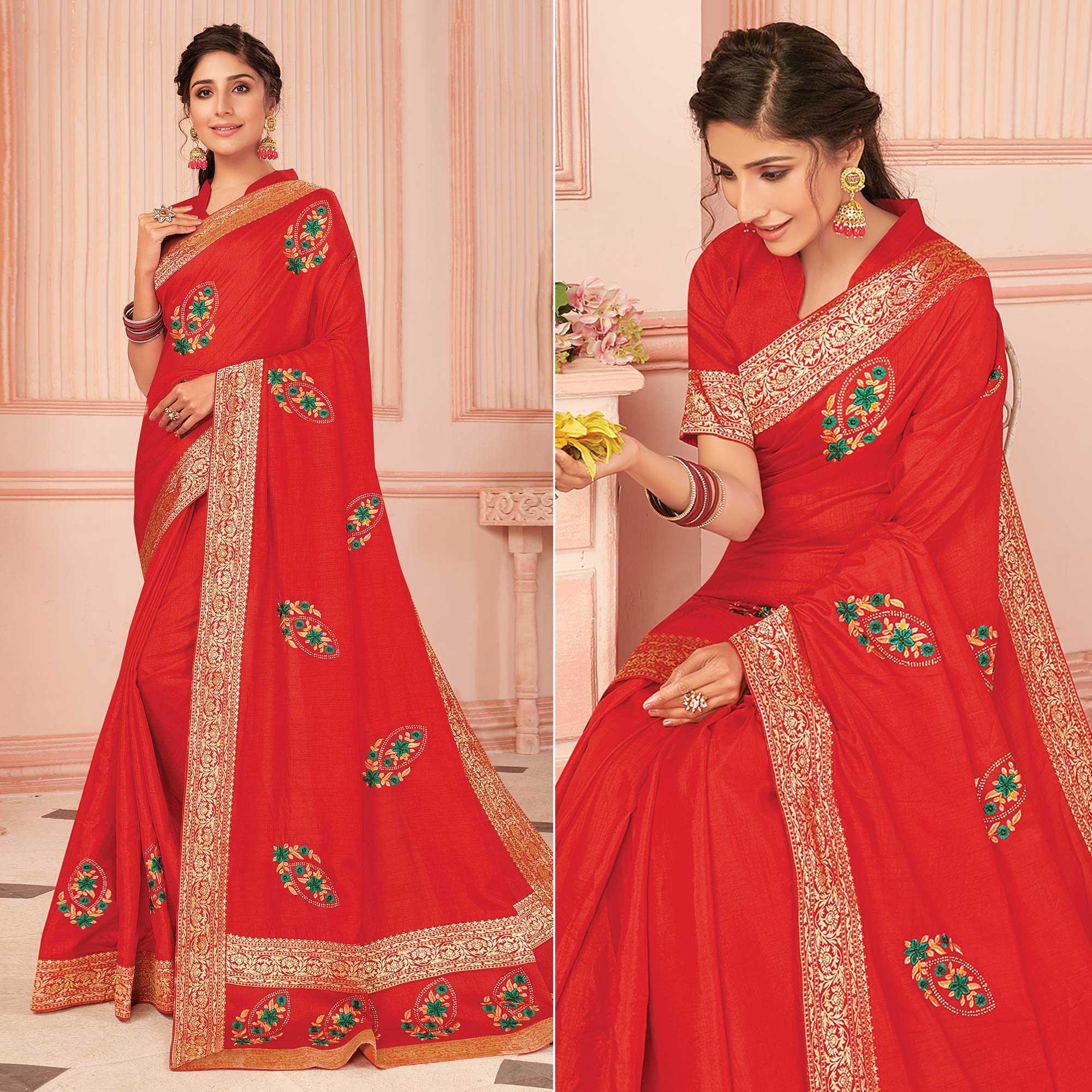 Red Floral Embroidered Vichitra Silk Saree - Peachmode