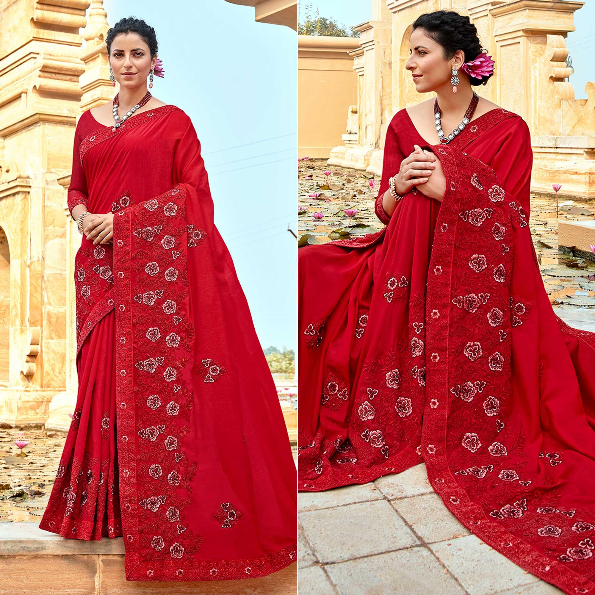 Red Floral Embroidered Vichitra Silk Saree - Peachmode