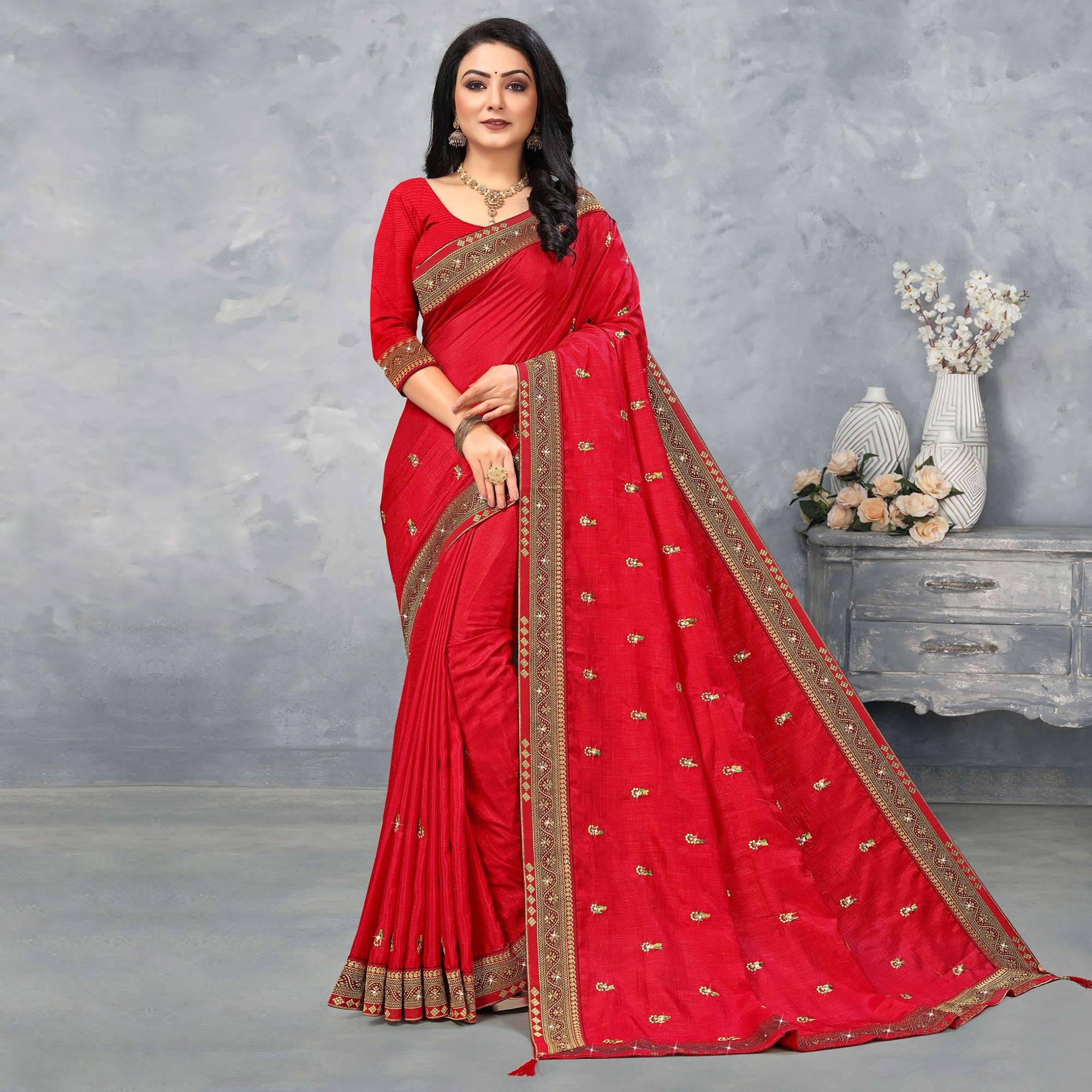 Red Floral Embroidered Vichitra Silk Saree - Peachmode