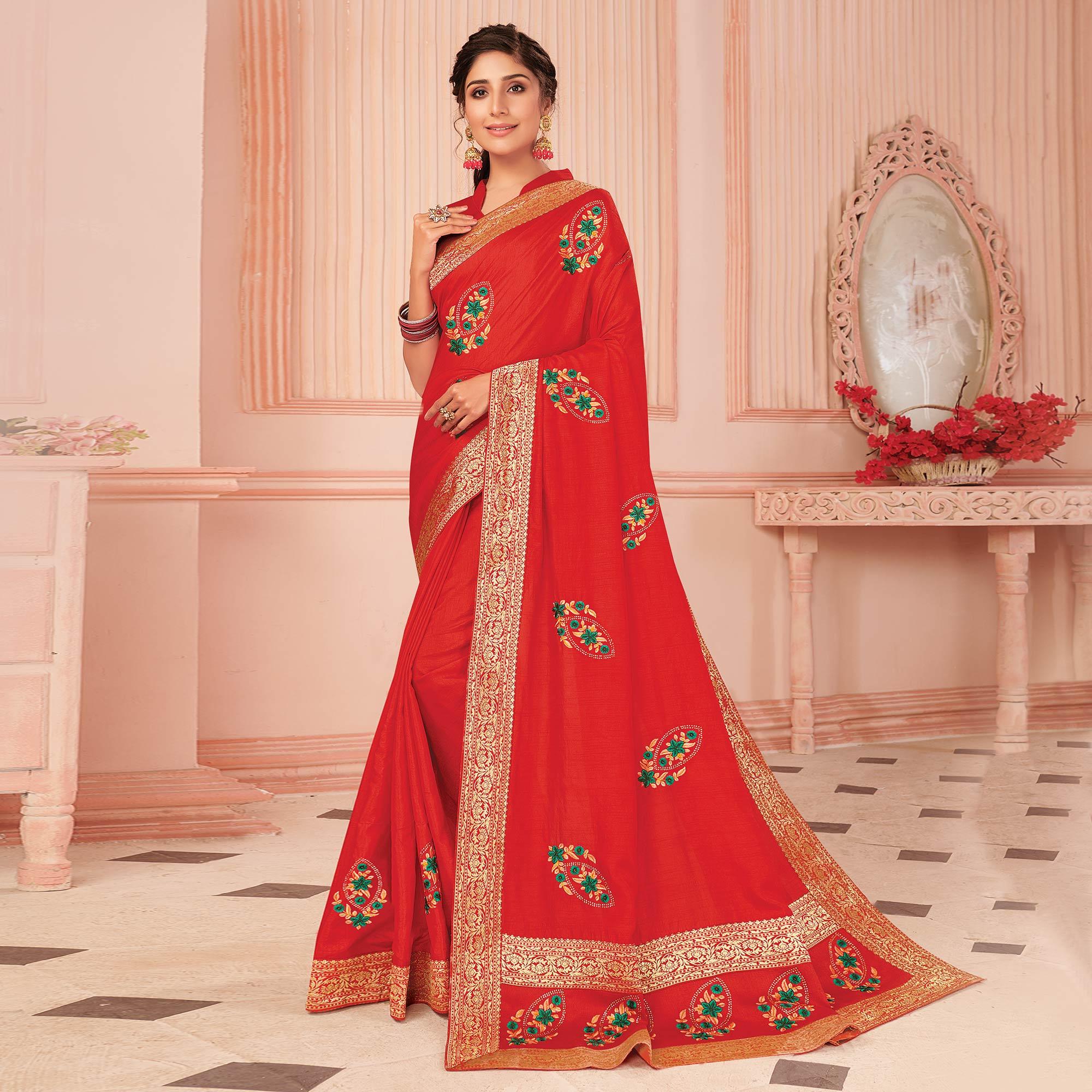 Red Floral Embroidered Vichitra Silk Saree - Peachmode