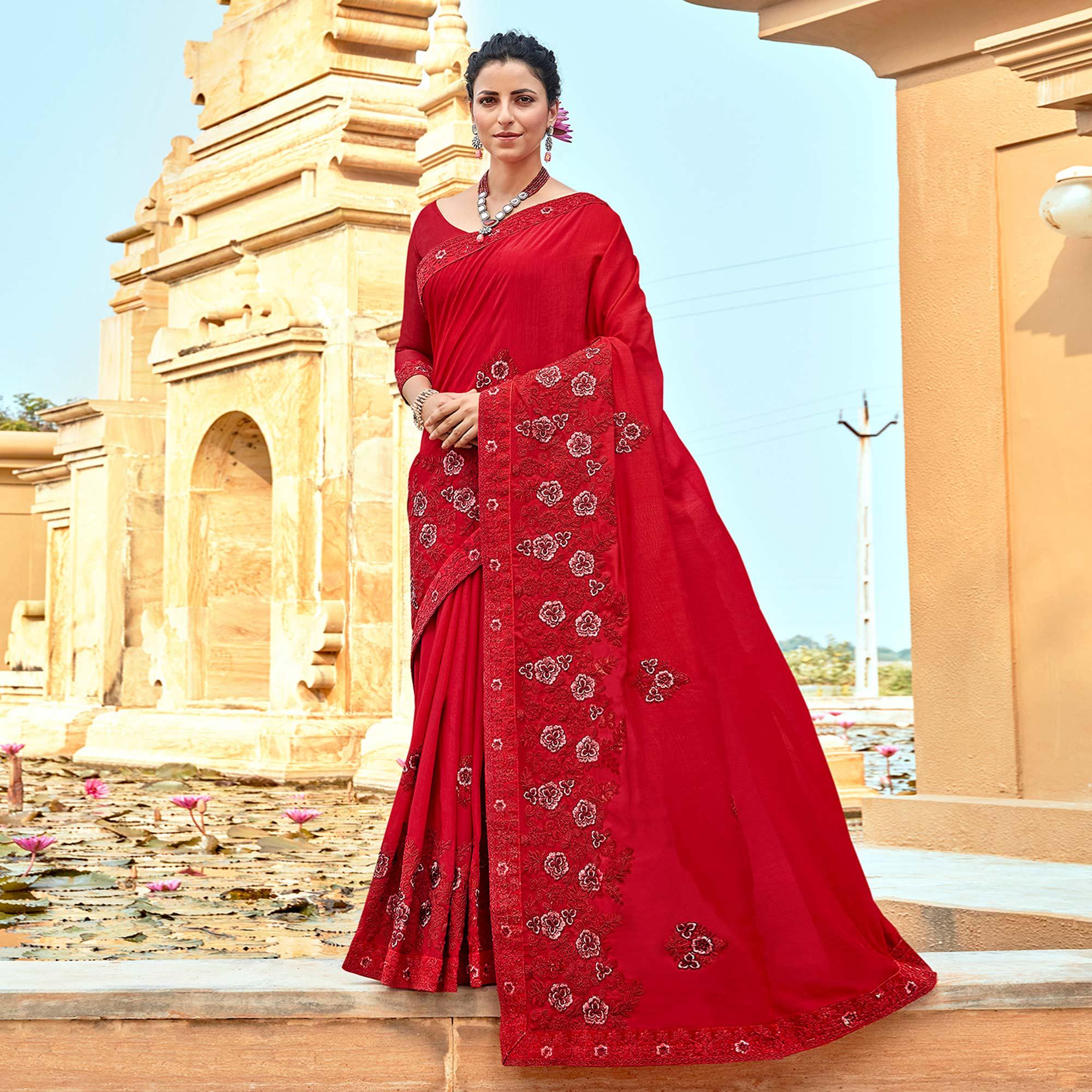 Red Floral Embroidered Vichitra Silk Saree - Peachmode