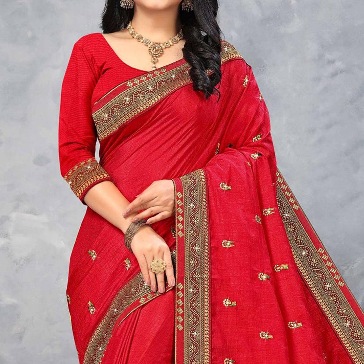 Red Floral Embroidered Vichitra Silk Saree - Peachmode