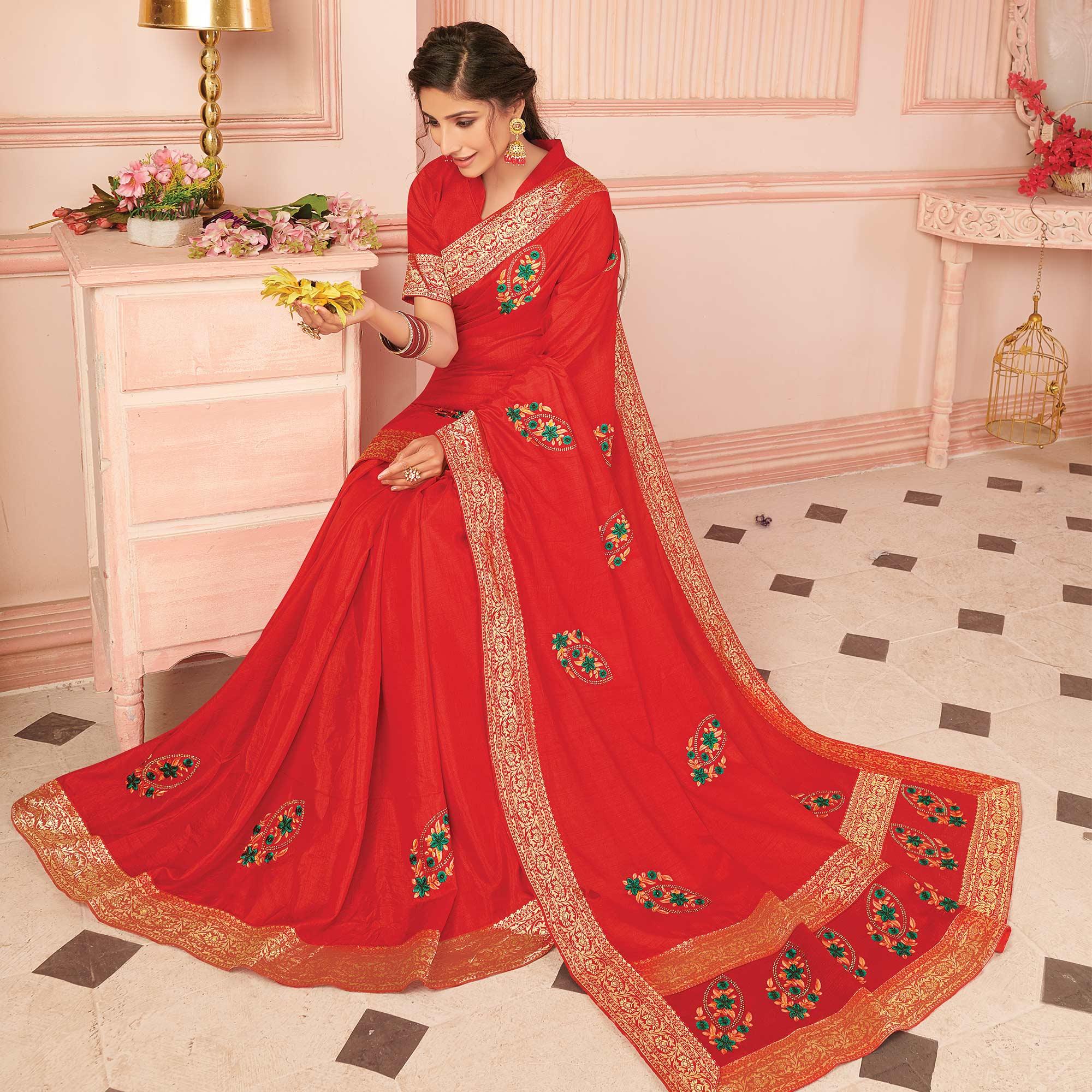 Red Floral Embroidered Vichitra Silk Saree - Peachmode
