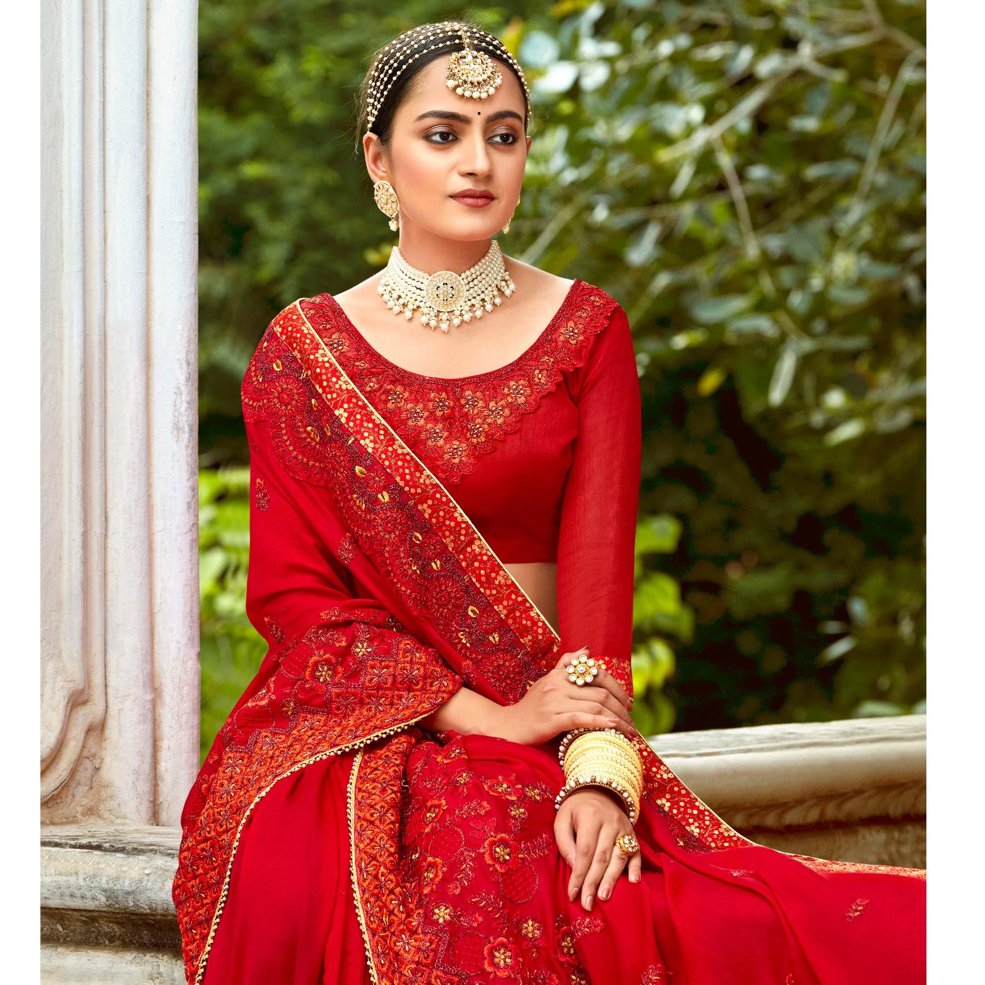 Red Floral Embroidered Vichitra Silk Saree - Peachmode