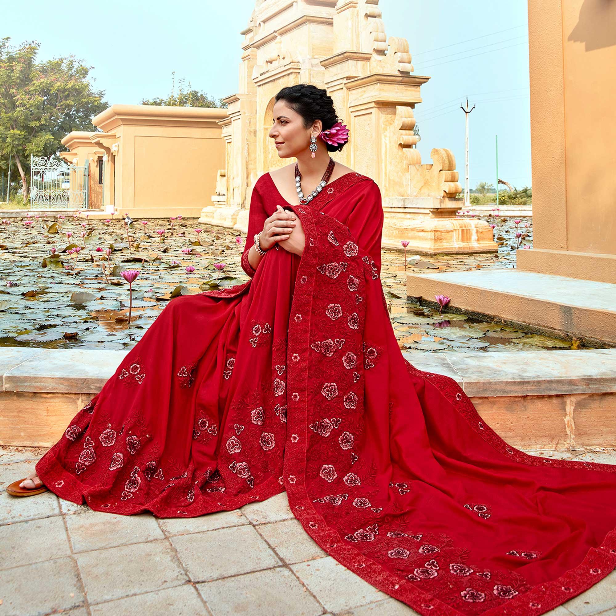 Red Floral Embroidered Vichitra Silk Saree - Peachmode