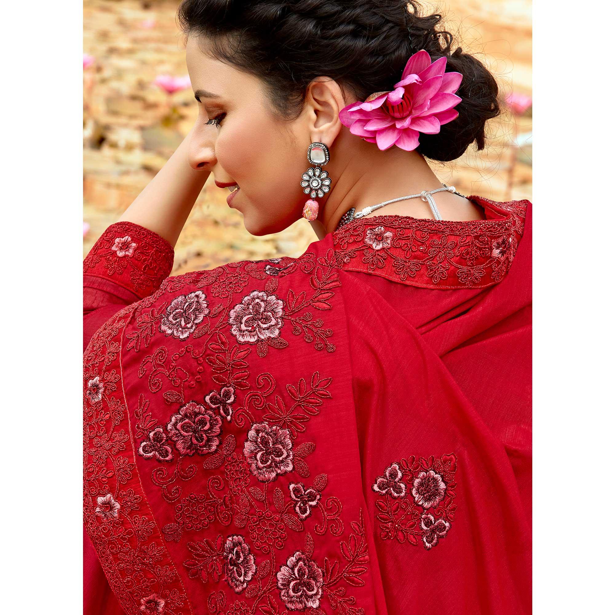 Red Floral Embroidered Vichitra Silk Saree - Peachmode