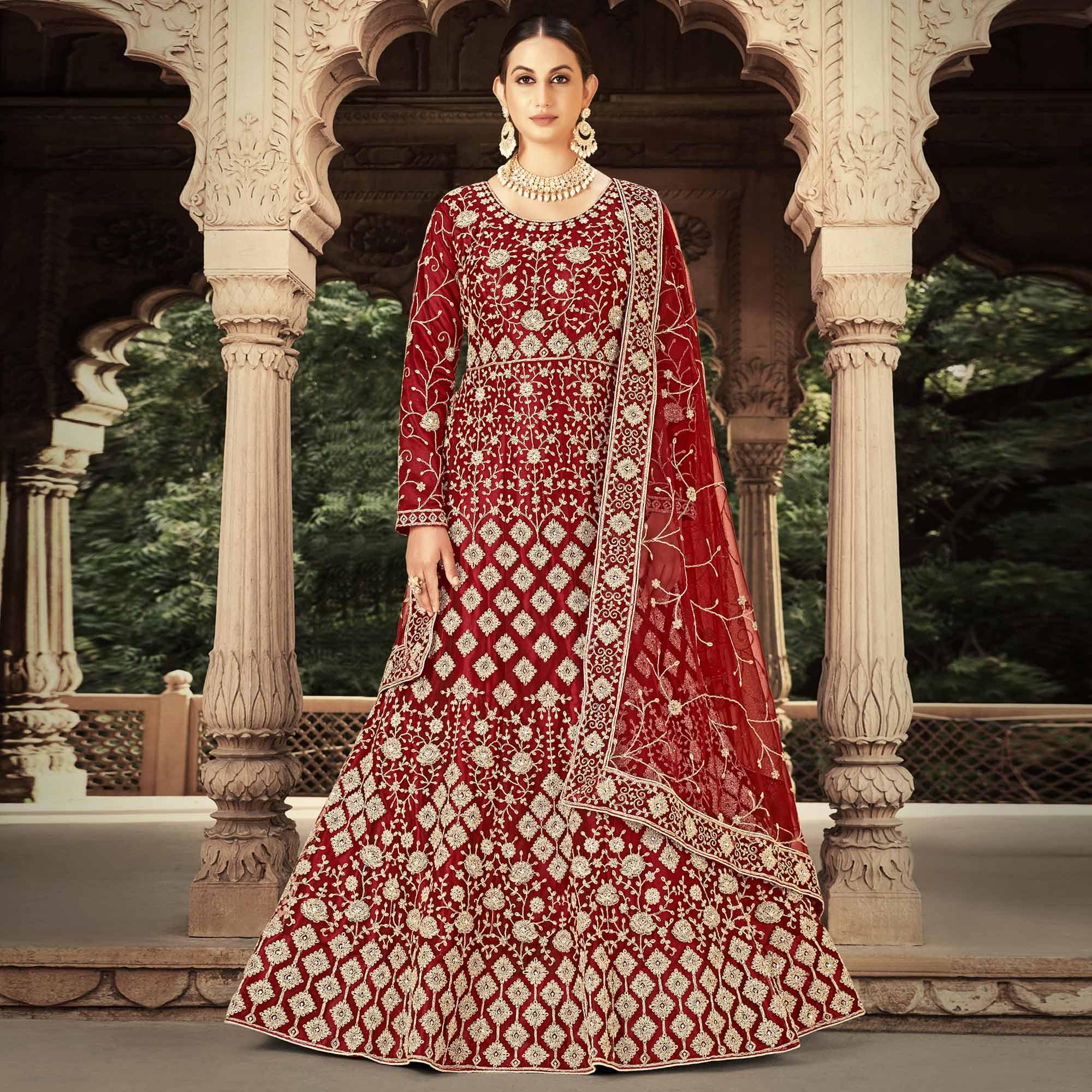 Red Floral Embroidered With Diamond Work Net Gown - Peachmode