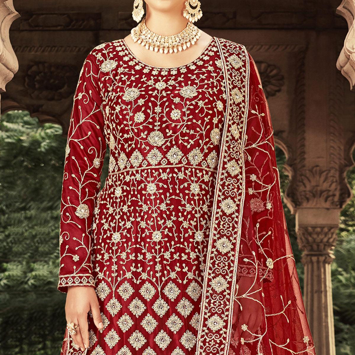 Red Floral Embroidered With Diamond Work Net Gown - Peachmode