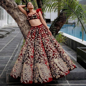 Red Floral Embroidery With Dori Work Velvet Lehenga Choli - Peachmode