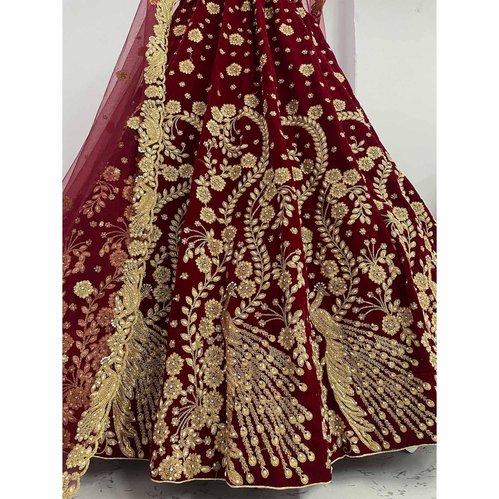 Red Floral Embroidery With Dori Work Velvet Lehenga Choli - Peachmode