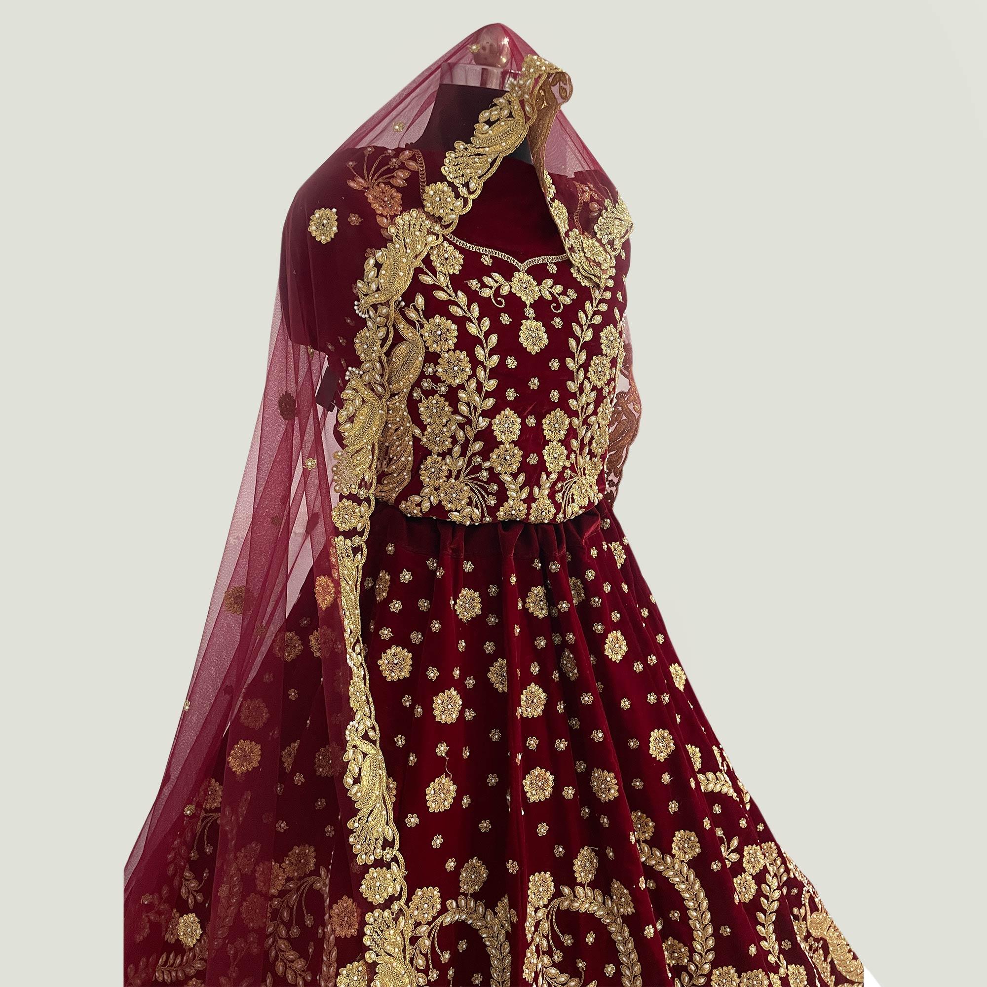 Red Floral Embroidery With Dori Work Velvet Lehenga Choli - Peachmode
