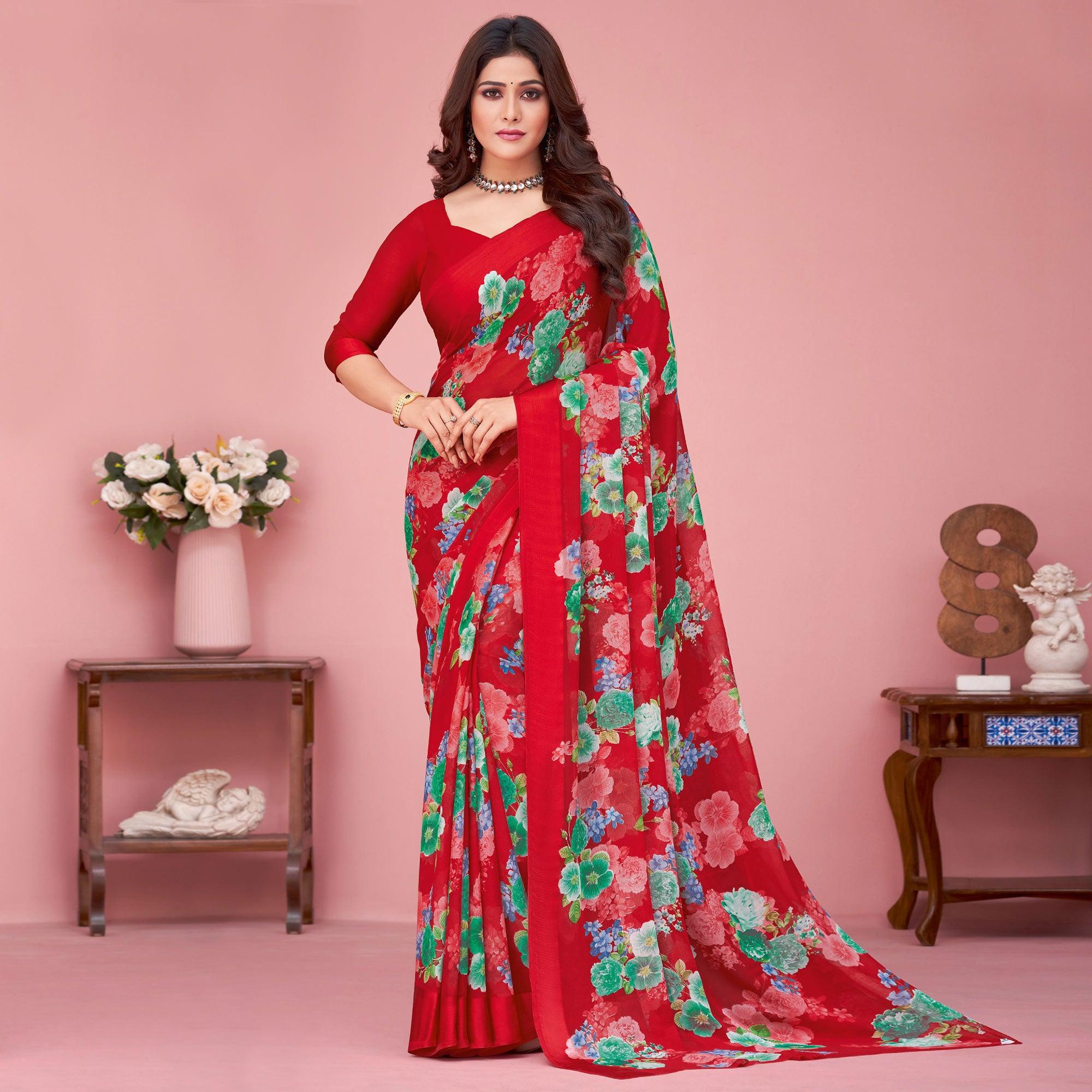 Red Floral Printed Chiffon Saree - Peachmode