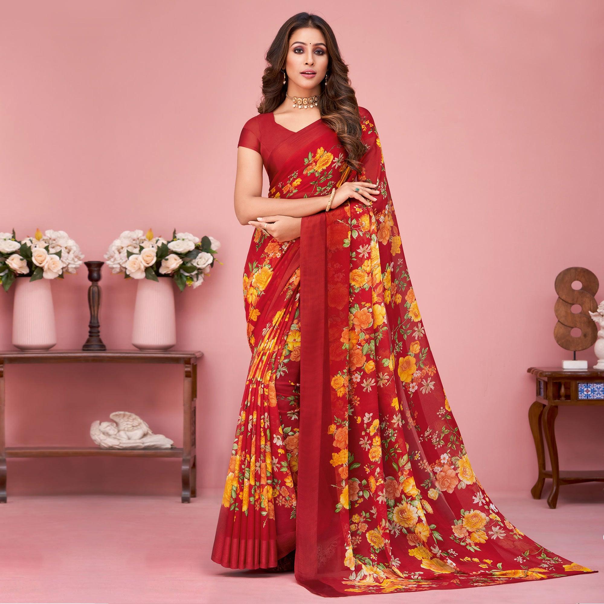 Red Floral Printed Chiffon Saree - Peachmode