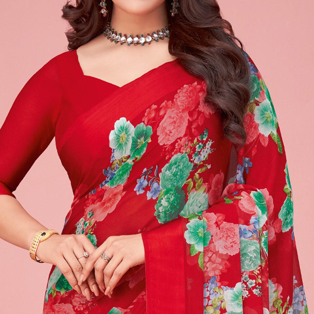 Red Floral Printed Chiffon Saree - Peachmode