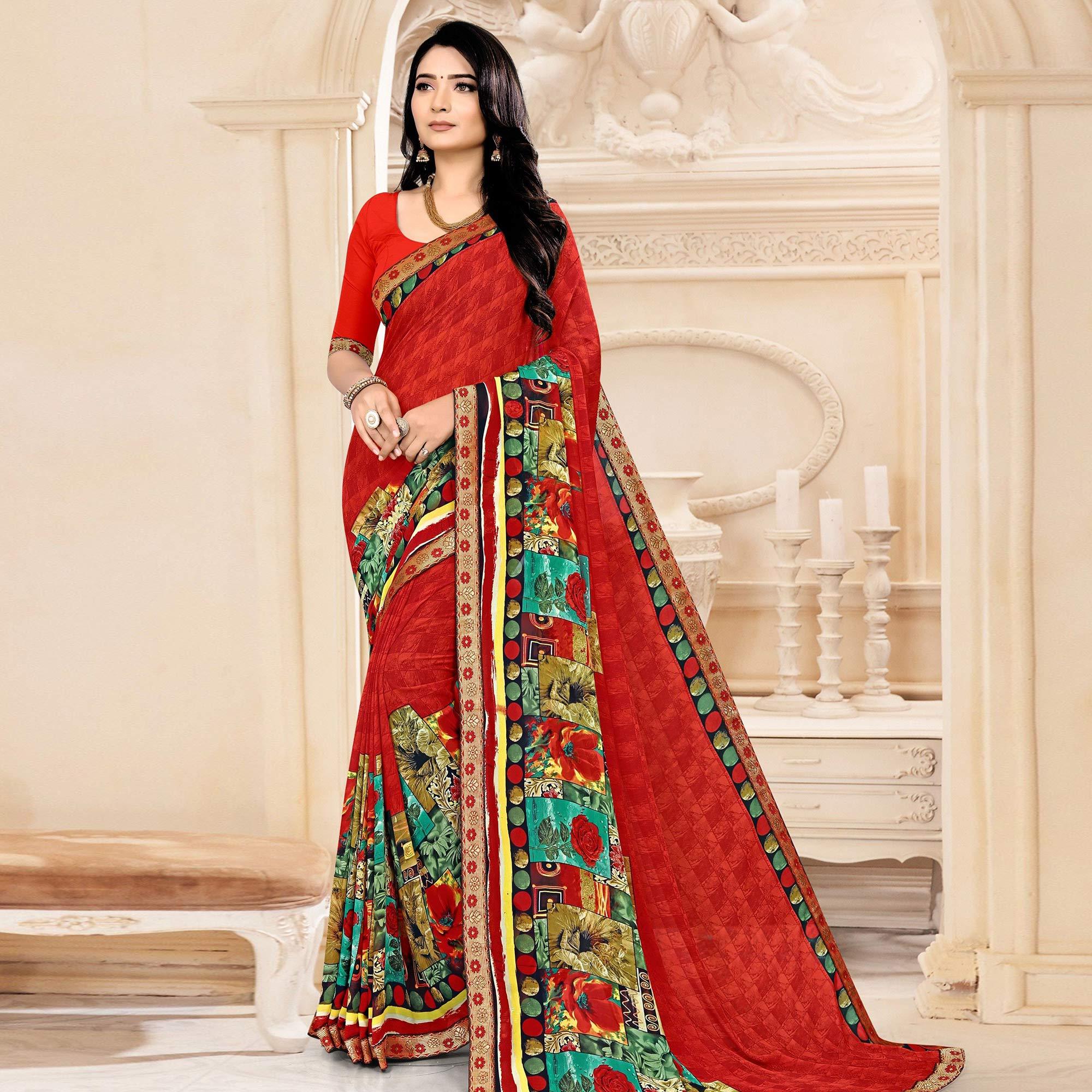 Red Floral Printed Georgette Saree - Peachmode