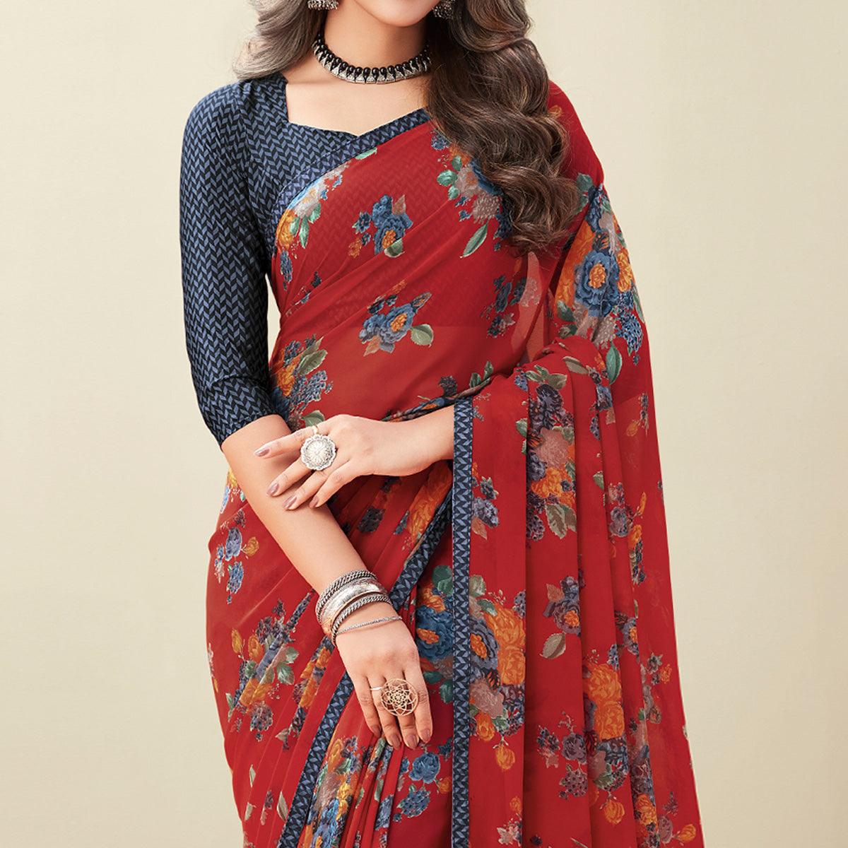 Red Floral Printed Georgette Saree - Peachmode