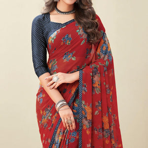 Red Floral Printed Georgette Saree - Peachmode