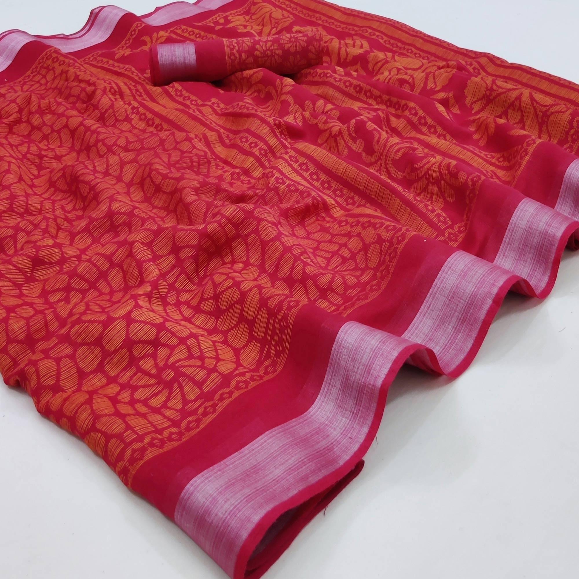 Red Floral Printed Linen Saree - Peachmode