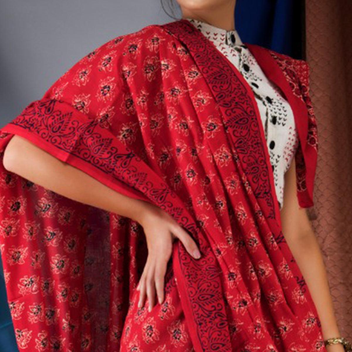Red Floral Printed Linen Saree - Peachmode