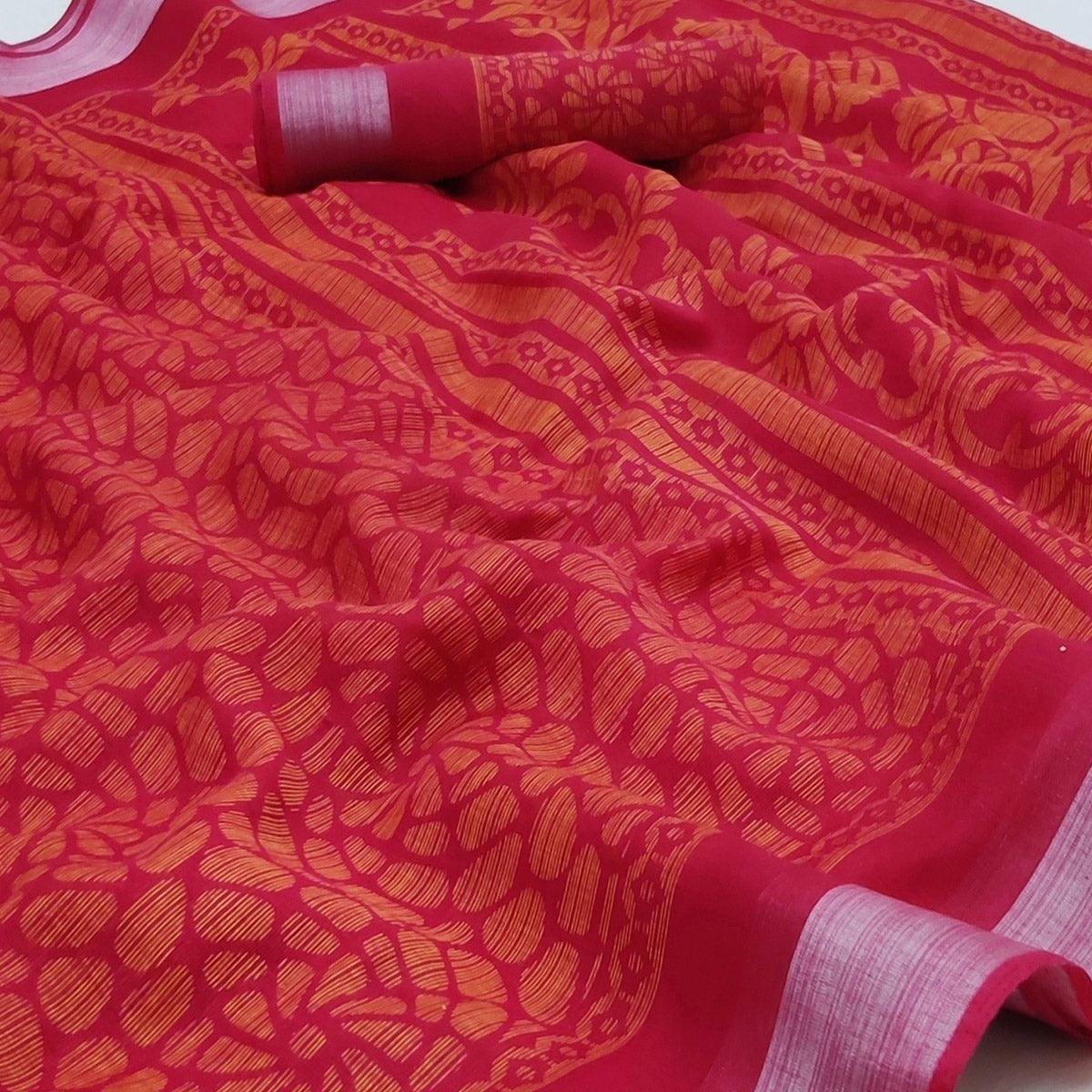 Red Floral Printed Linen Saree - Peachmode