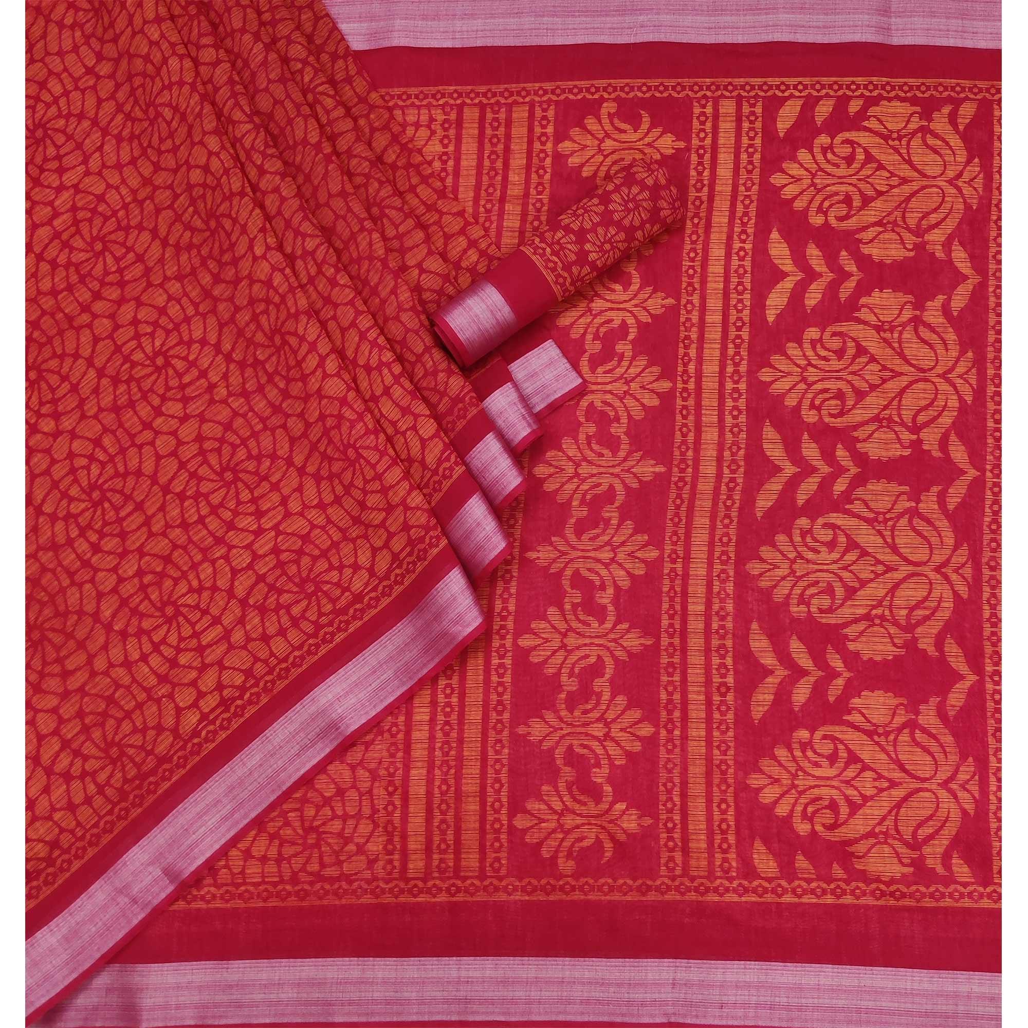 Red Floral Printed Linen Saree - Peachmode