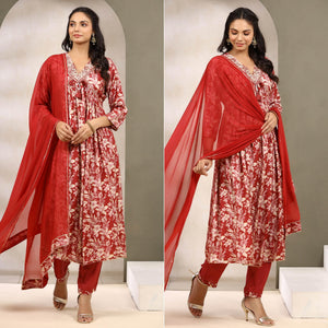 Red Floral Printed Muslin Anarkali Suit - Peachmode
