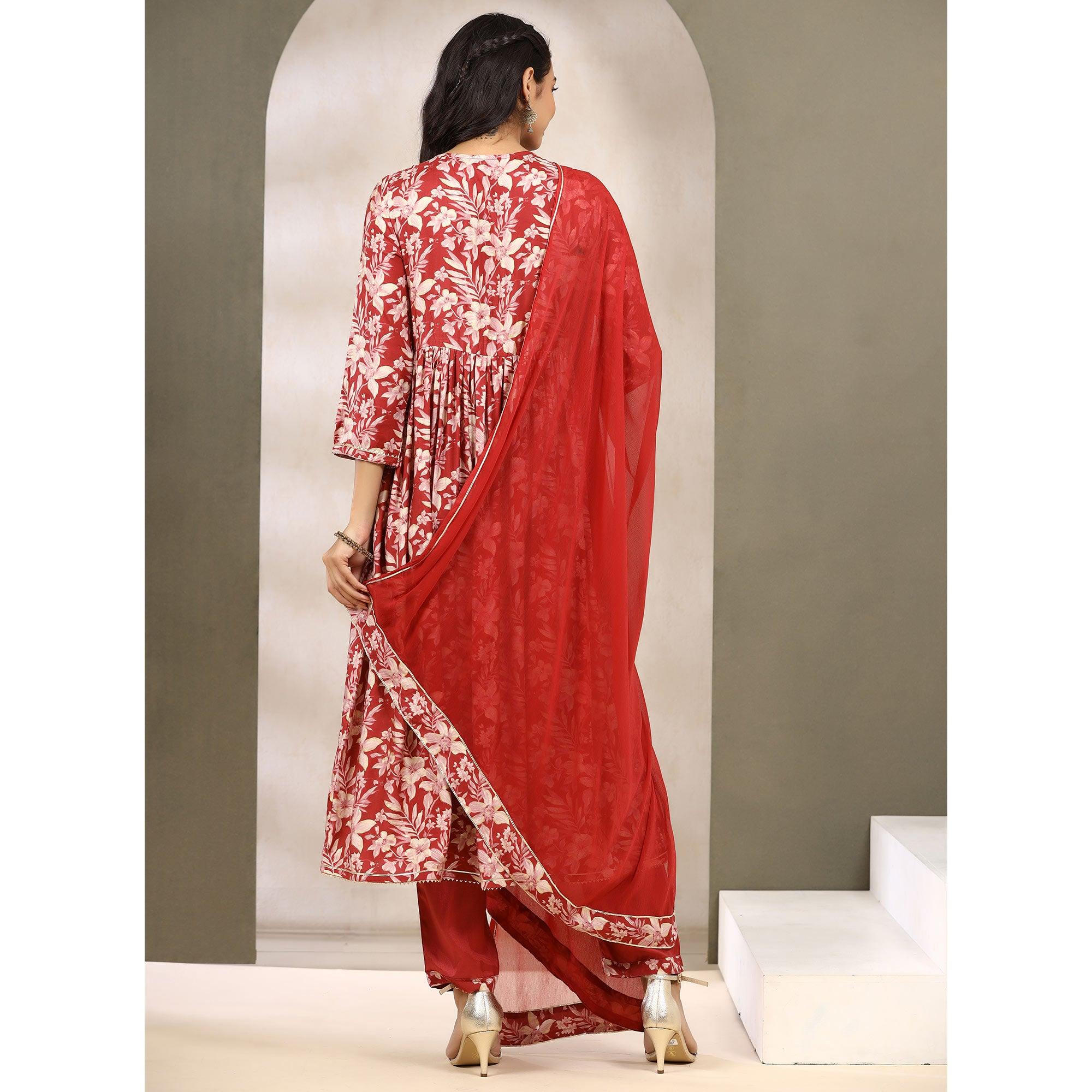 Red Floral Printed Muslin Anarkali Suit - Peachmode
