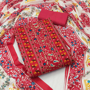 Red Floral Printed Pure Cotton Dress Material - Peachmode