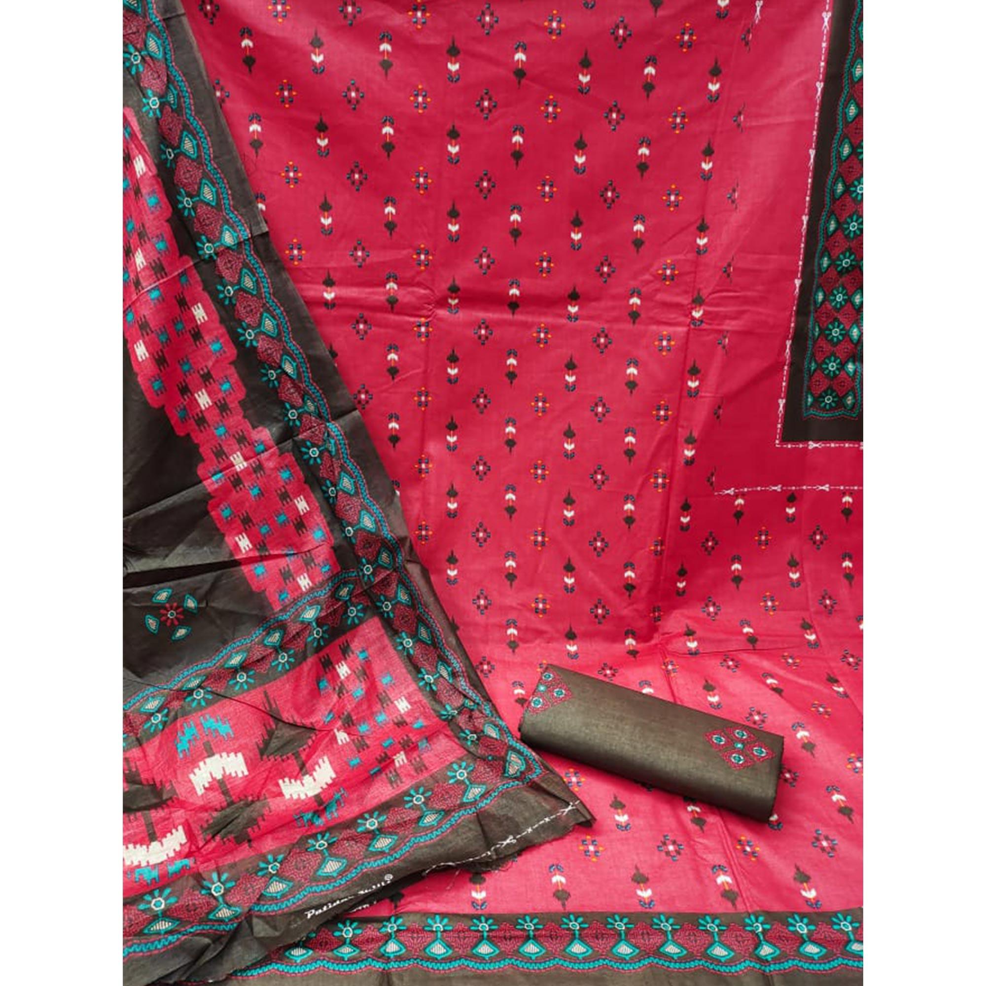 Red Floral Printed Pure Cotton Dress Material - Peachmode