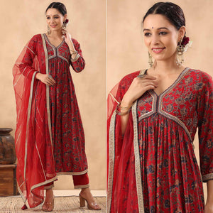 Red Floral Printed Pure Cotton Salwar Suit - Peachmode