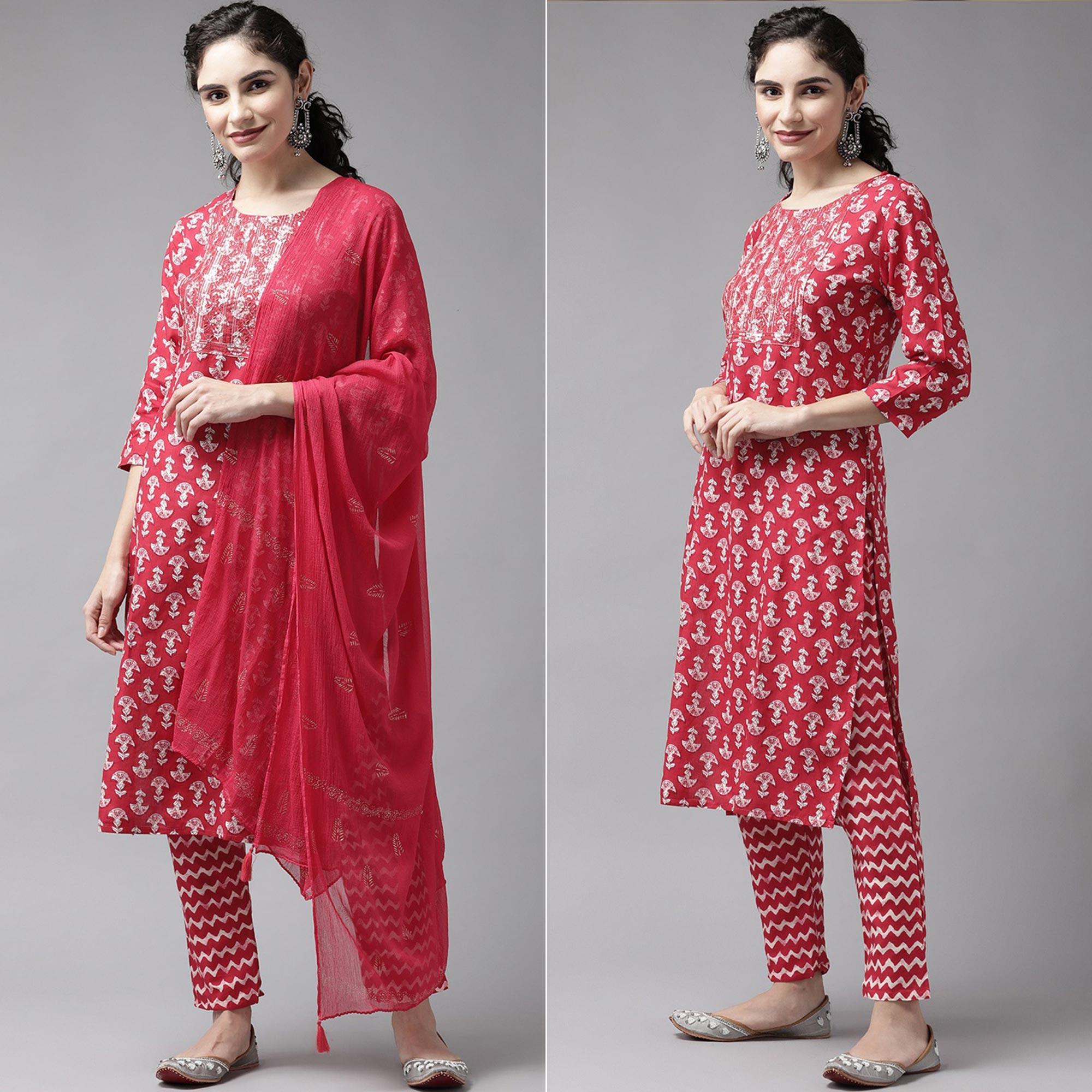 Red Floral Printed Pure Cotton Salwar Suit - Peachmode