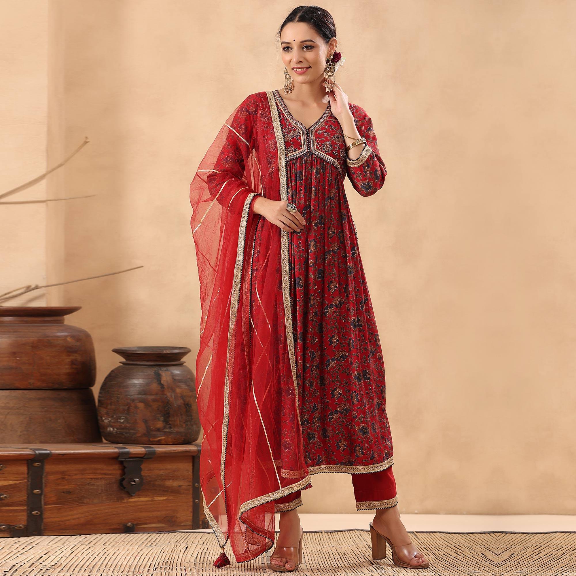 Red Floral Printed Pure Cotton Salwar Suit - Peachmode