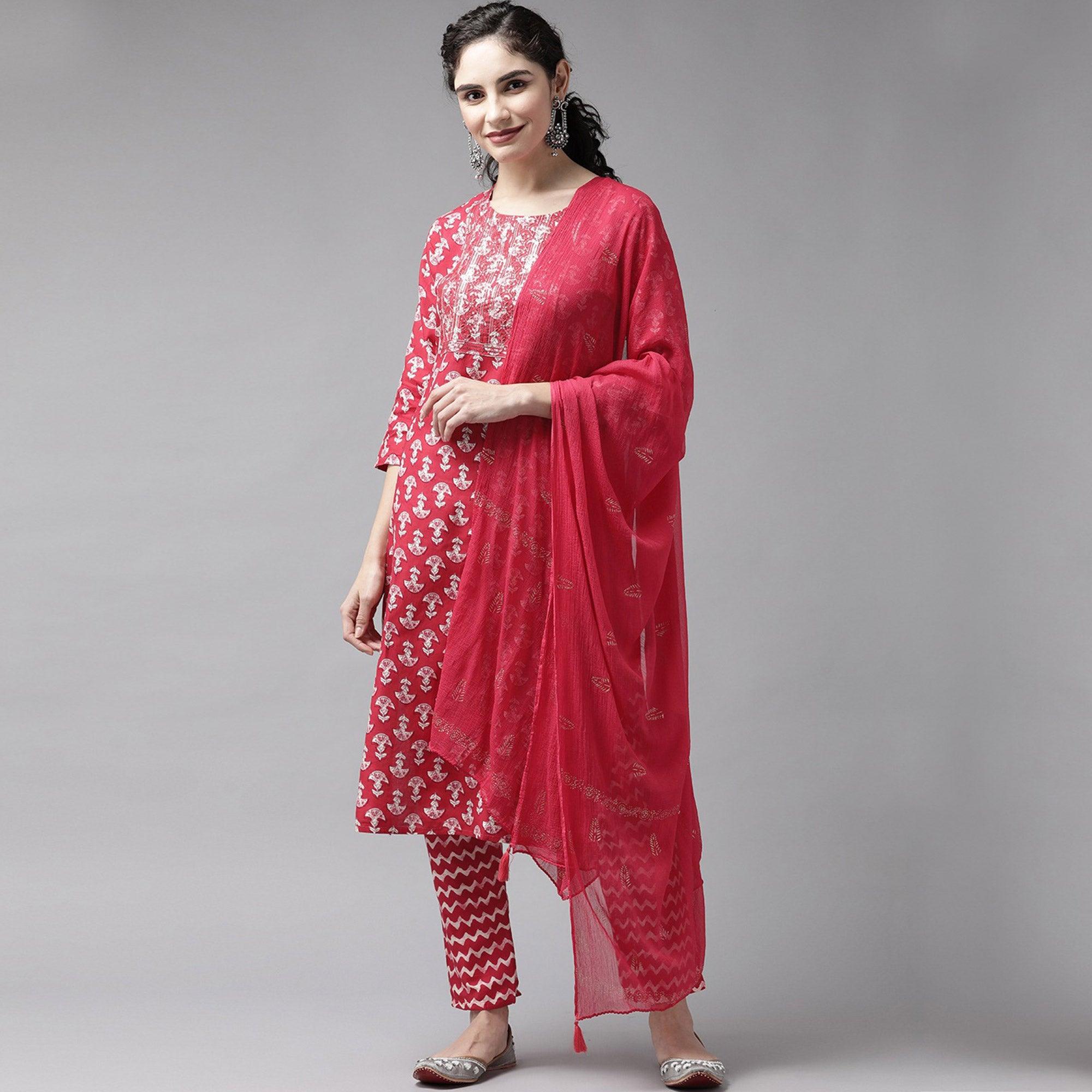 Red Floral Printed Pure Cotton Salwar Suit - Peachmode