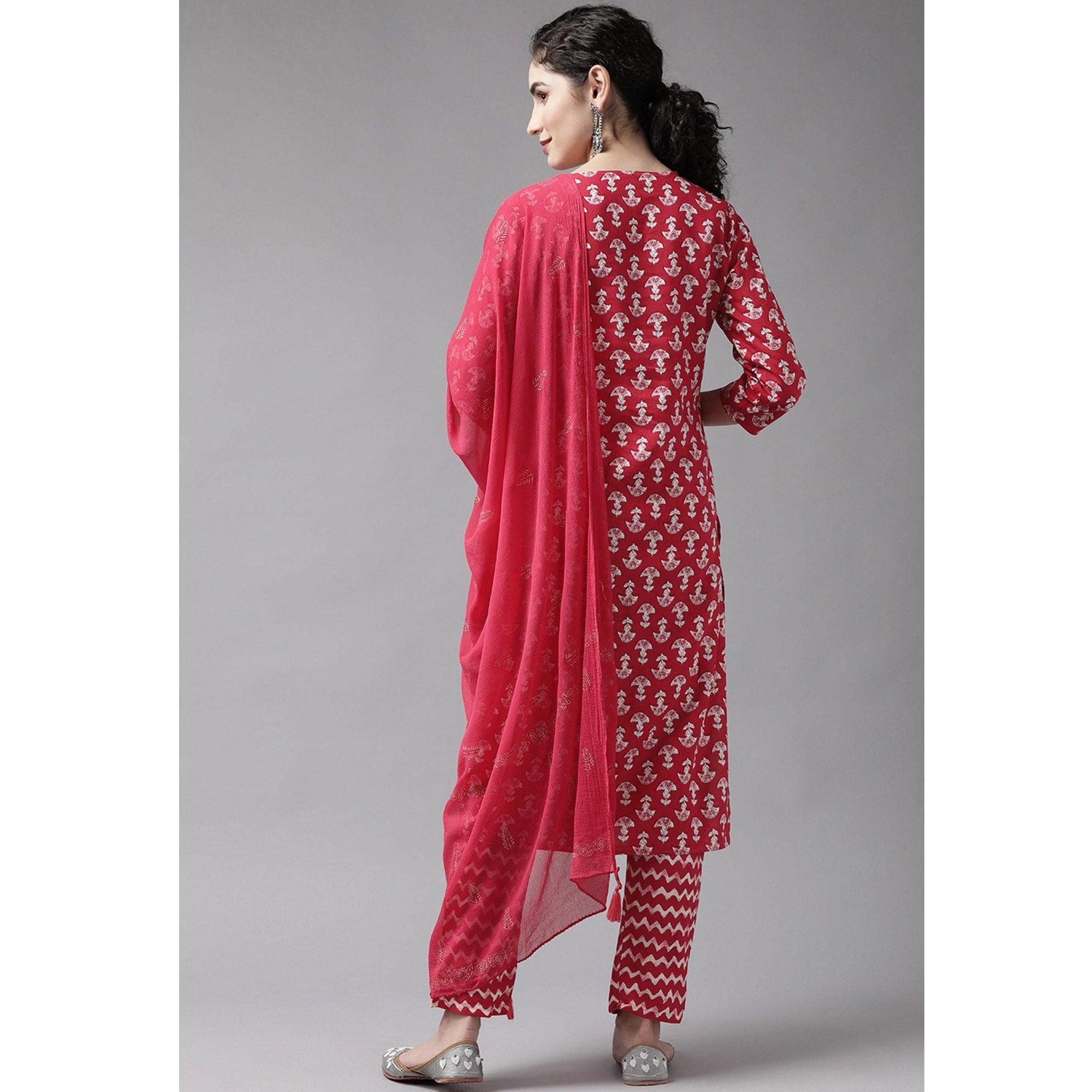 Red Floral Printed Pure Cotton Salwar Suit - Peachmode