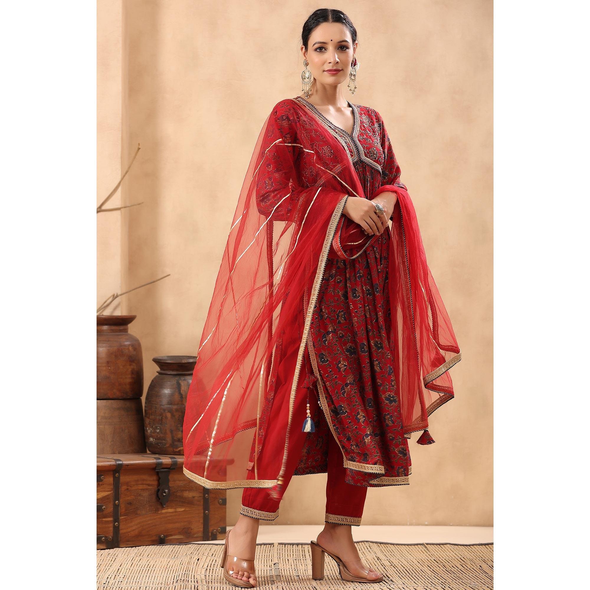 Red Floral Printed Pure Cotton Salwar Suit - Peachmode