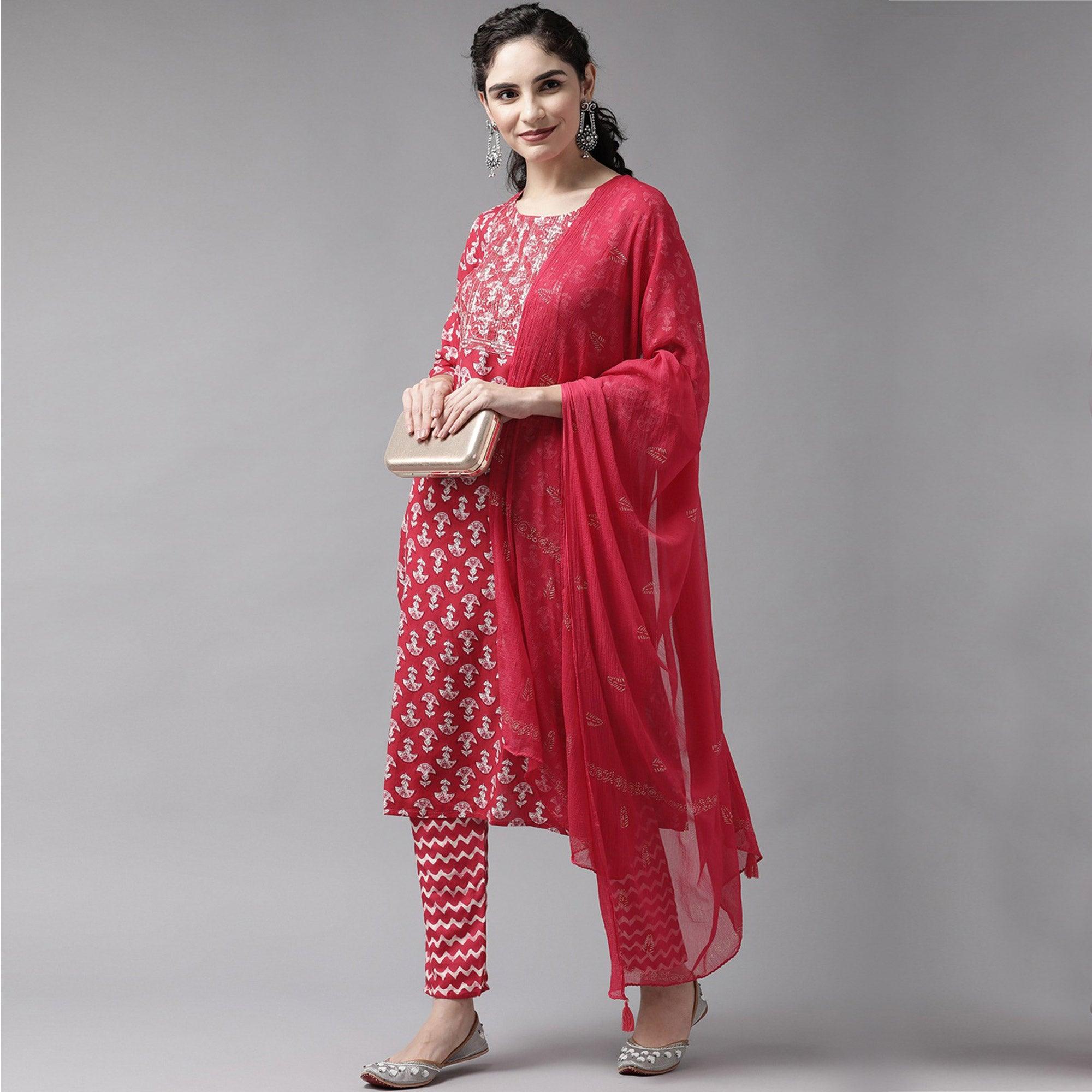 Red Floral Printed Pure Cotton Salwar Suit - Peachmode