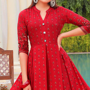 Red Floral Printed Rayon Gown - Peachmode
