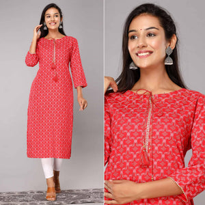 Red Floral Printed Rayon Kurti - Peachmode