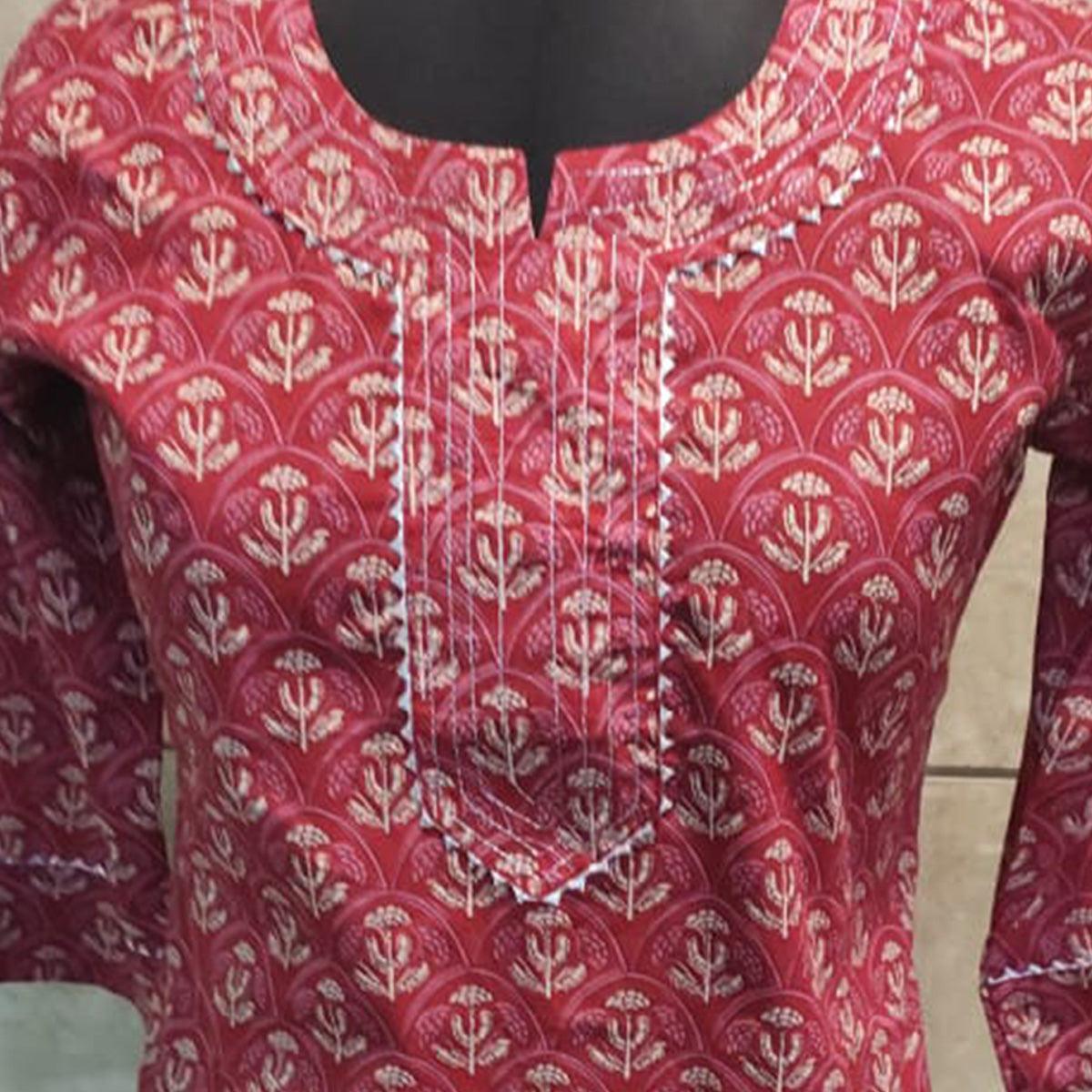 Red Floral Printed With Gota Work Pure Cotton Kurti - Peachmode