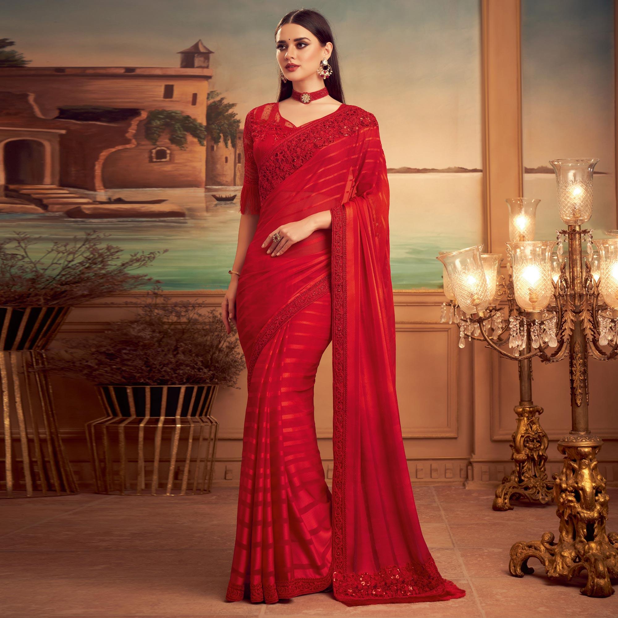 Red Floral Sequence Embroidered Art Silk Saree - Peachmode