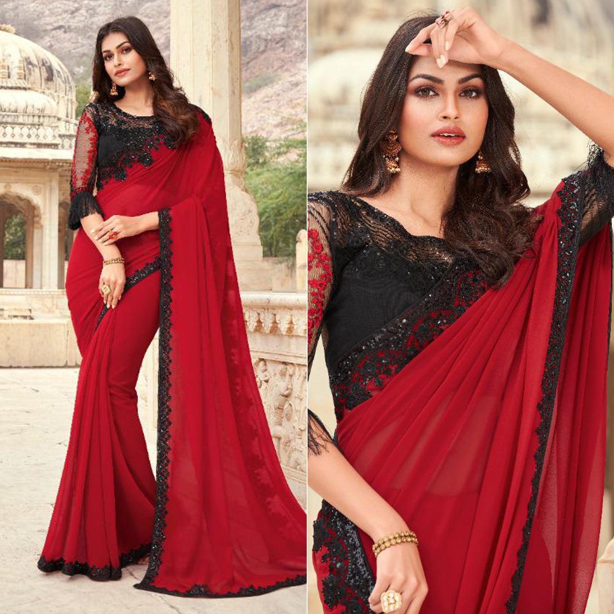 Red Floral Sequence Embroidered Georgette Saree - Peachmode