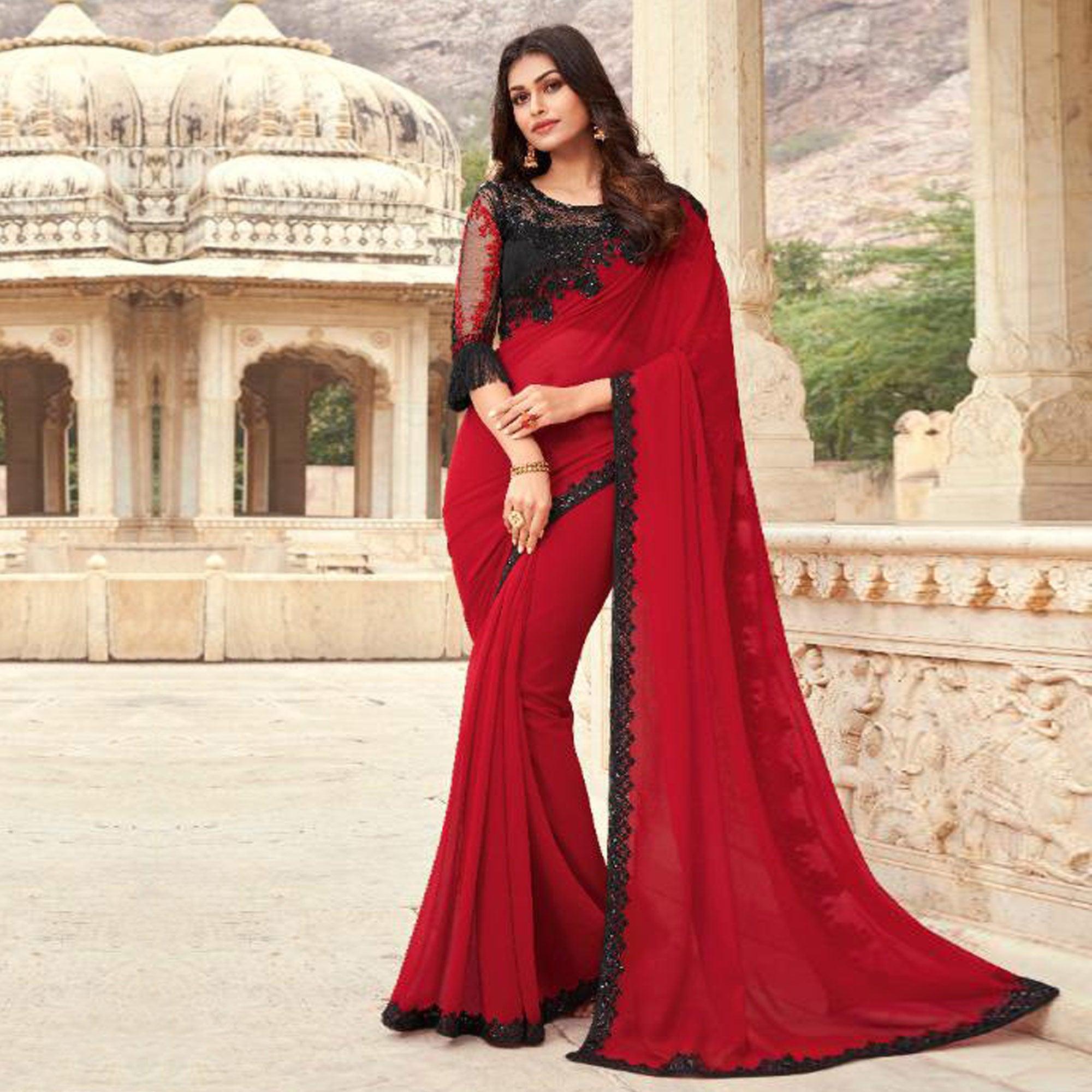 Red Floral Sequence Embroidered Georgette Saree - Peachmode