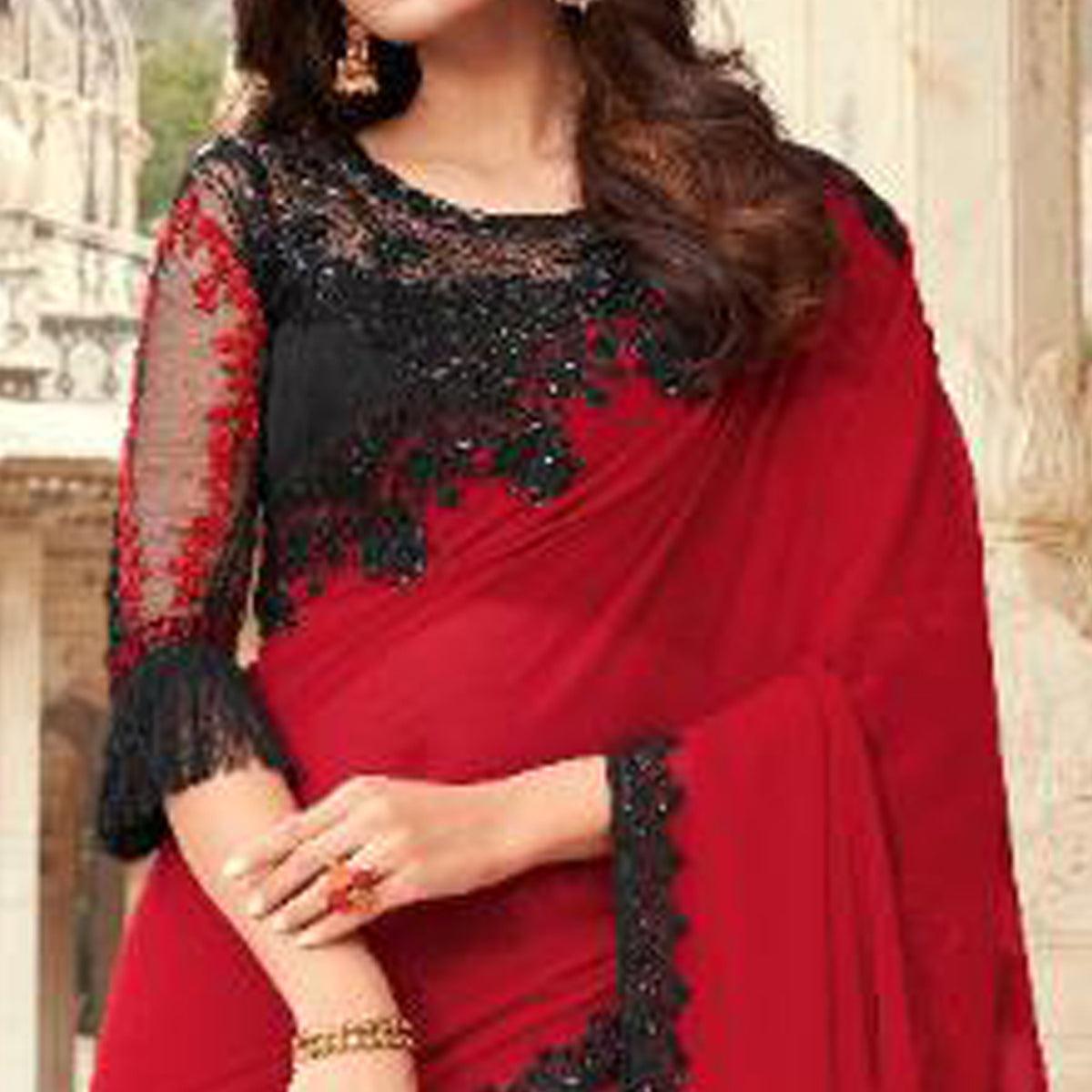 Red Floral Sequence Embroidered Georgette Saree - Peachmode