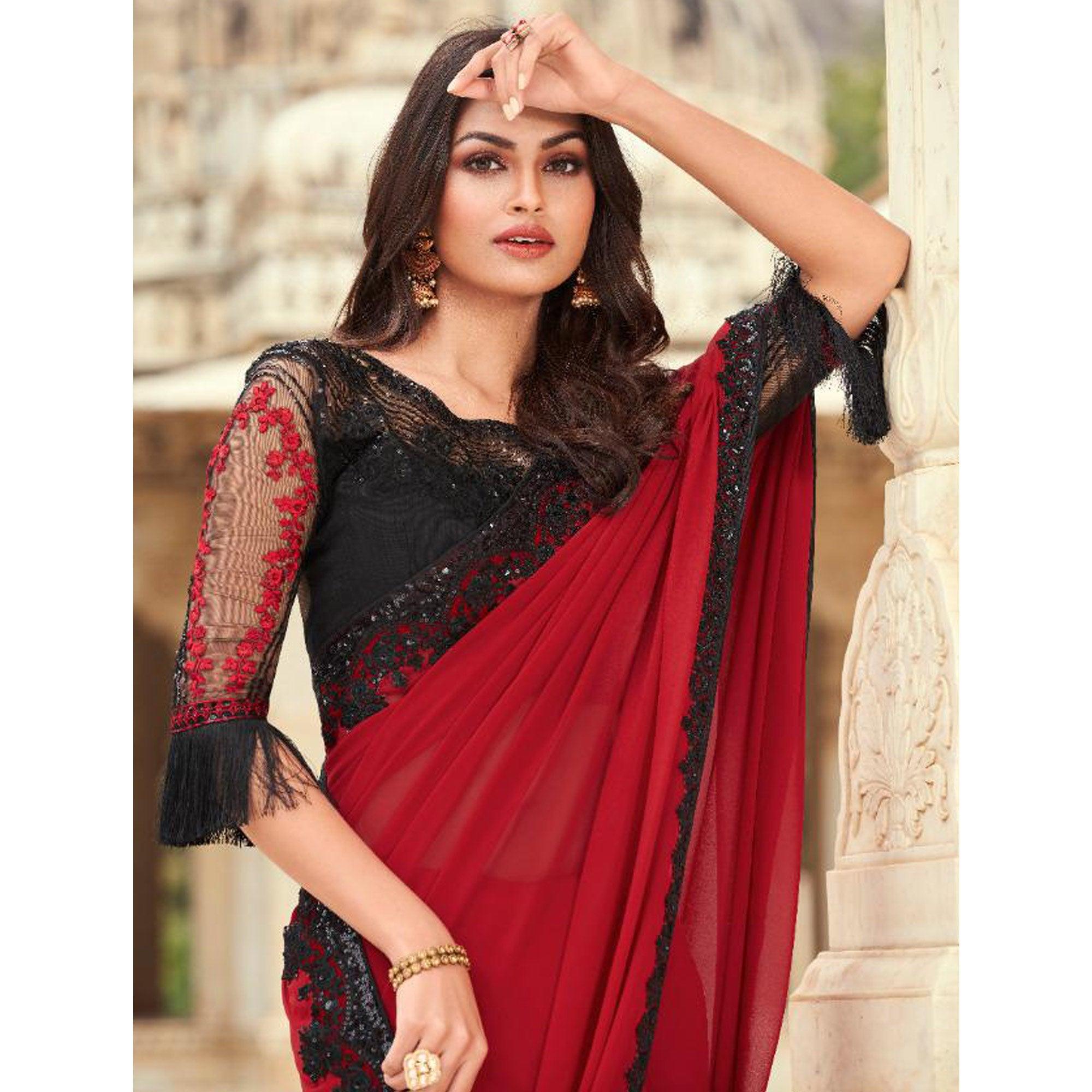 Red Floral Sequence Embroidered Georgette Saree - Peachmode