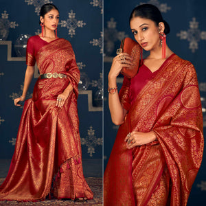 Red Floral Woven Art Silk Saree - Peachmode