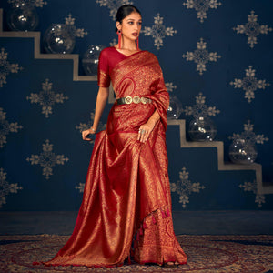 Red Floral Woven Art Silk Saree - Peachmode